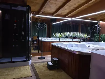 a large bathroom with a large tub and some plants at Odmaraliste Kod Mice Apartman 5 in Krušar