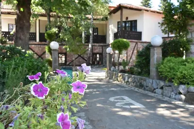 a walkway in front of a house with pink flowers at Etno hotel Balasevic Rtanj in Boljevac