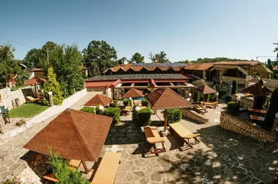 an aerial view of a house with a patio at Etno hotel Balasevic Rtanj in Boljevac
