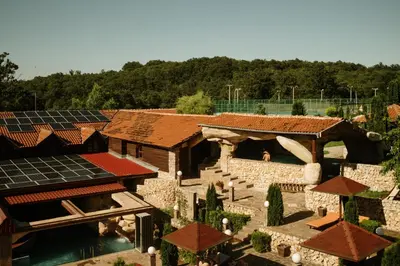 an aerial view of a house with solar panels at Etno hotel Balasevic Rtanj in Boljevac