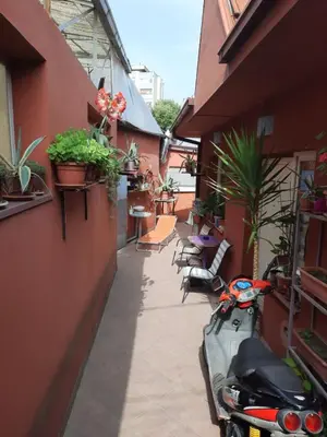 a scooter parked on the side of a building with plants at Center Apartment in Niš