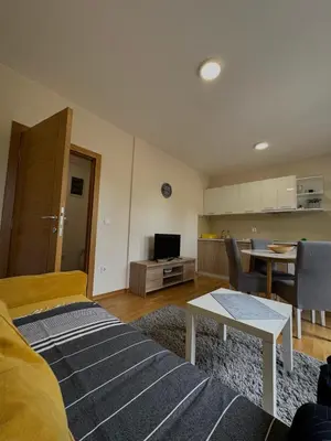 a living room with a bed and a table and a kitchen at Olimp apartmani Sokobanja in Soko Banja