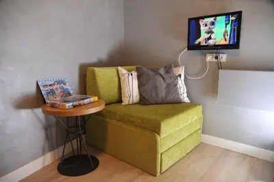 a living room with a green couch and a tv at Apartman Family Konaci in Kopaonik