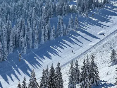 a group of people skiing down a snow covered slope at ApartHotel Kopaonik in Brzeće