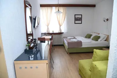 a bedroom with a bed and a couch and a television at ApartHotel Kopaonik in Brzeće