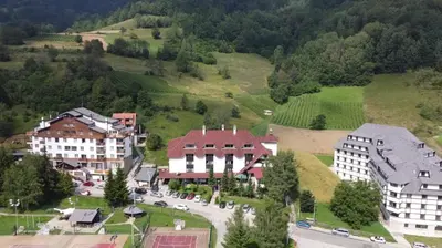 an aerial view of a town on a mountain at ApartHotel Kopaonik in Brzeće