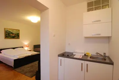 a kitchen with a sink and a bed in a room at Vrnjci House in Vrnjačka Banja