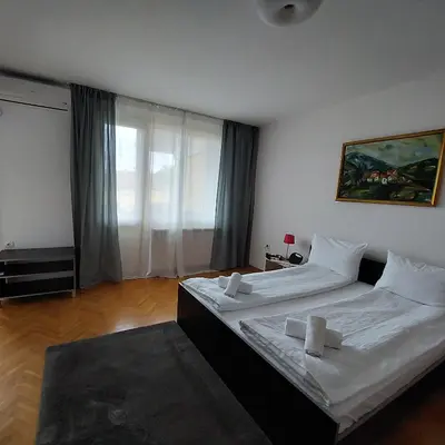 a bedroom with a large bed and a large window at Vrnjci House in Vrnjačka Banja