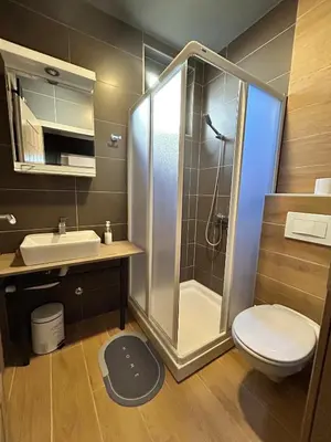 a bathroom with a shower and a toilet and a sink at San apartman in Vrnjci