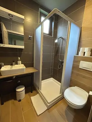 a bathroom with a shower and a toilet and a sink at San apartman in Vrnjci