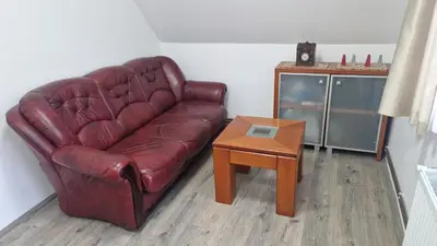 a red leather couch and a table in a room at Villa Anja in Pirot