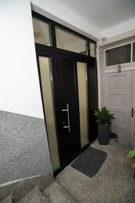 a black door on a building with a potted plant at Style and Shine Sunrise Apartment in Niš