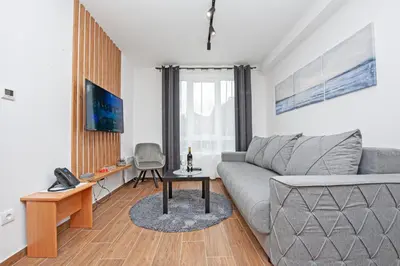 a living room with a couch and a chair at Apartman Kopaonik u Kraljevim Čardacima in Kopaonik