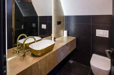 a bathroom with a sink and a toilet at Luxurious cabin for couples with hot tub lake view in Aleksinac