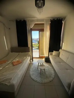 a bedroom with a bed and a couch and a table at Sofi IV in Niš