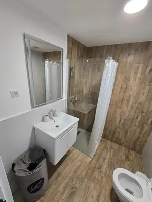 a bathroom with a sink and a toilet and a shower at Sunny lux apartman in Vrnjačka Banja