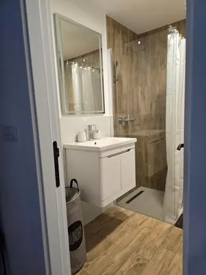a bathroom with a white sink and a shower at Sunny lux apartman in Vrnjačka Banja