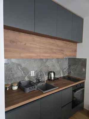 a kitchen with a sink and a counter top at Sunny lux apartman in Vrnjačka Banja