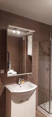 a bathroom with a sink and a shower and a mirror at Mesečeva bajka in Kopaonik