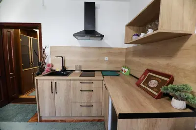 a kitchen with a sink and a counter top at Apartmani Varos & Restaurant in Pirot