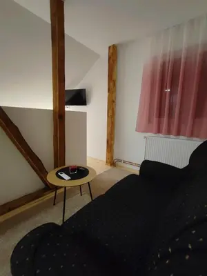 a living room with a couch and a table at Apartmani Varos & Restaurant in Pirot