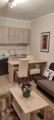 a kitchen and living room with a table and a couch at Meseceva bajka 2 in Kopaonik