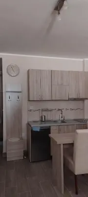 a kitchen with wooden cabinets and a sink and a table at Meseceva bajka 2 in Kopaonik
