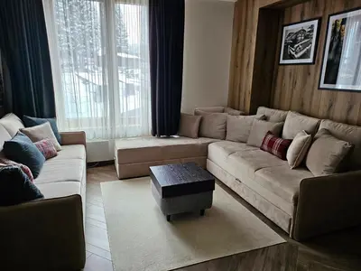 a living room with a couch and a table at Kopaonik Woodside Hotel SKI - SPA in Kopaonik