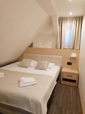 a bedroom with a large white bed and a window at Pahulja in Kopaonik