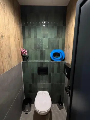 a bathroom with a toilet and a green tiled wall at Bed & Coffee LUKAS Krusevac in Kruševac