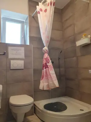a bathroom with a toilet and a shower curtain at Vila LELA in Vrnjačka Banja