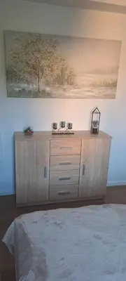 a dresser in a bedroom with a painting on the wall at Lawa Apartments Kopaonik in Cajetina
