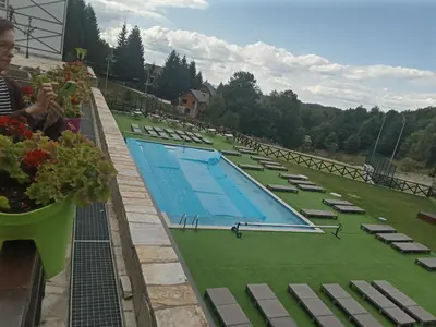 a large swimming pool with chairs and flowers on a balcony at Studio SimpaKop in Kopaonik