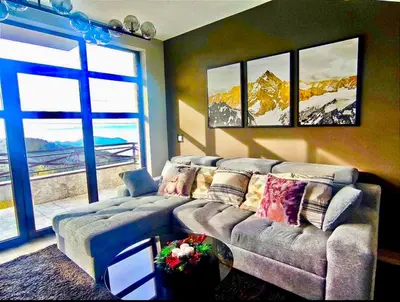 a living room with a couch and two windows at Apartment Mountain View Haven in Kopaonik