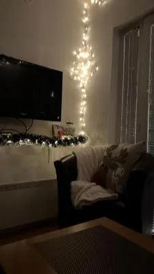 a living room with a couch and a television and christmas lights at Apartmani Čardaci Kopaonik in Kopaonik