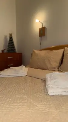two beds in a bedroom with a christmas tree in the background at Apartmani Čardaci Kopaonik in Kopaonik