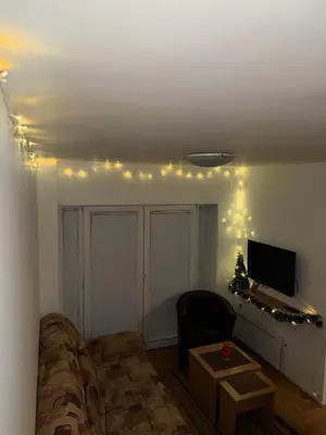 a living room with a couch and a television and christmas lights at Apartmani Čardaci Kopaonik in Kopaonik