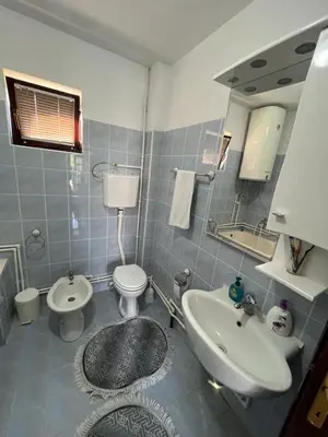 a bathroom with a sink and a toilet and a mirror at Domacinstvo Markovic in Prekopčelica