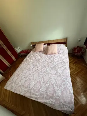a bedroom with a bed with a white comforter at Mimis place in Vrnjačka Banja