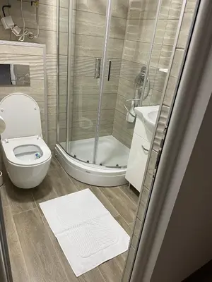 a bathroom with a shower and a toilet and a sink at Apartments Sia-M3 in Kopaonik