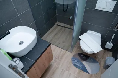 a bathroom with a sink and a toilet and a shower at Residence Hill A037 Apartment in Kopaonik