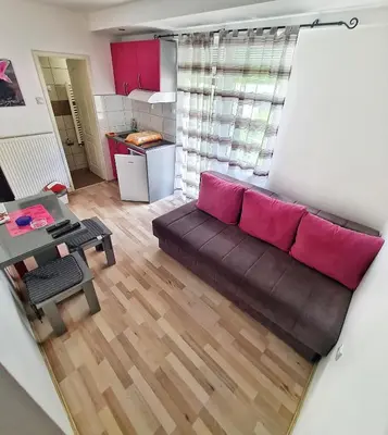 a living room with a couch and a table at Maja Vujković Apartman 5 in Soko Banja