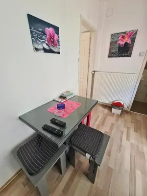 a glass table with two remote controls on a table with two chairs at Maja Vujković Apartman 5 in Soko Banja