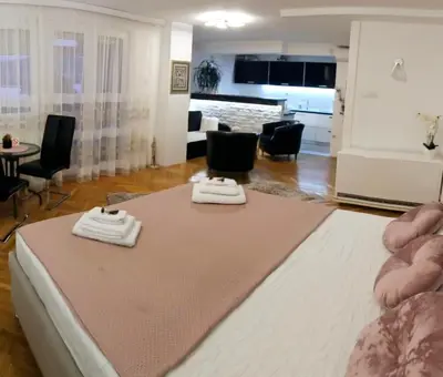 a living room with a table and chairs and a kitchen at Deluxe Jade Apartmens in Niš