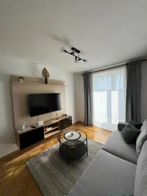 a living room with a couch and a flat screen tv at Apartman Schwarzkopf in Vrnjačka Banja