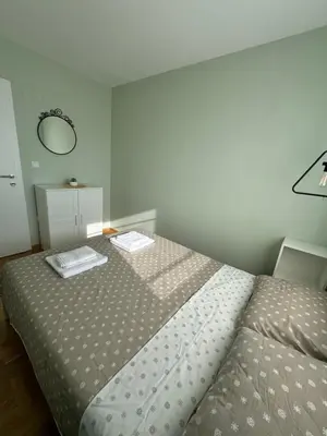 a bedroom with a bed and a mirror on the wall at Apartman Schwarzkopf in Vrnjačka Banja
