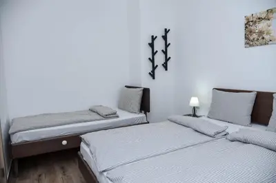 two beds in a room with white walls at Vila Montana, Kopaonik, Apartman Ivony in Kopaonik