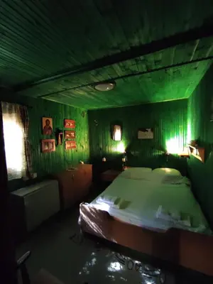 a green room with a bed in it at Drvenica Cabin in Kopaonik
