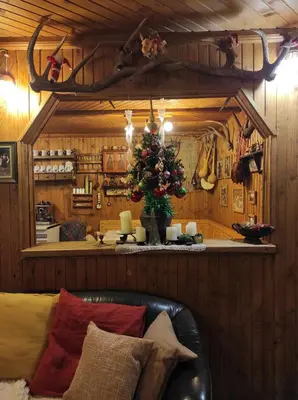 a living room with a christmas tree in a room at Drvenica Cabin in Kopaonik