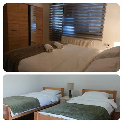 two pictures of a bedroom with two beds at R Apartments in Paraćin